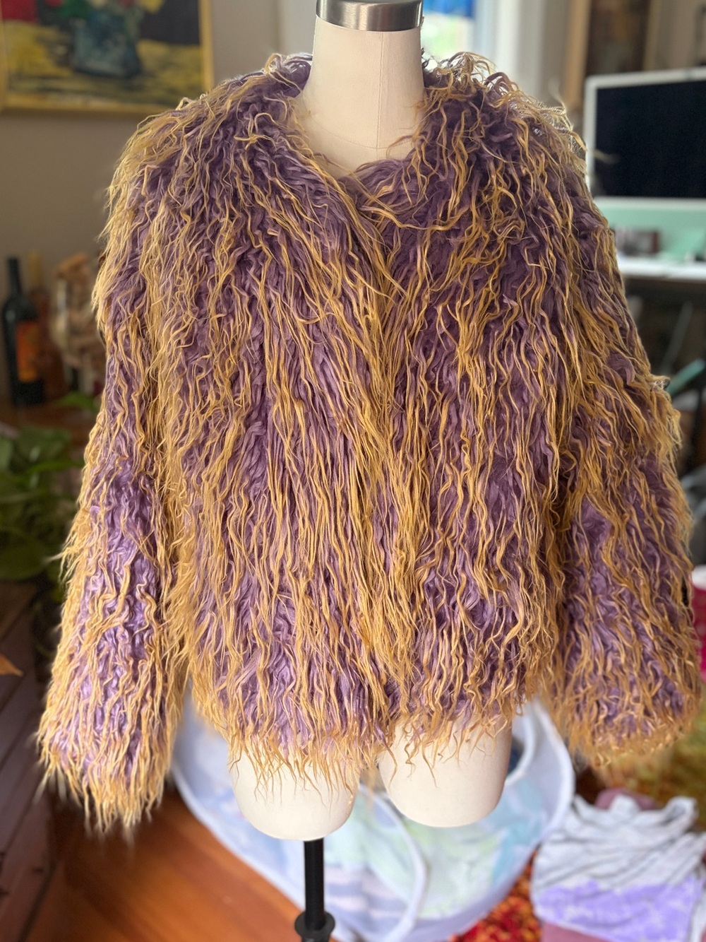 Shaggy Two-Tone Faux Fur Puffer Jacket in Purple & Gold